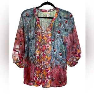 Anthropologie Fig and Flower Vibrant Peacock Feather Print Blouse